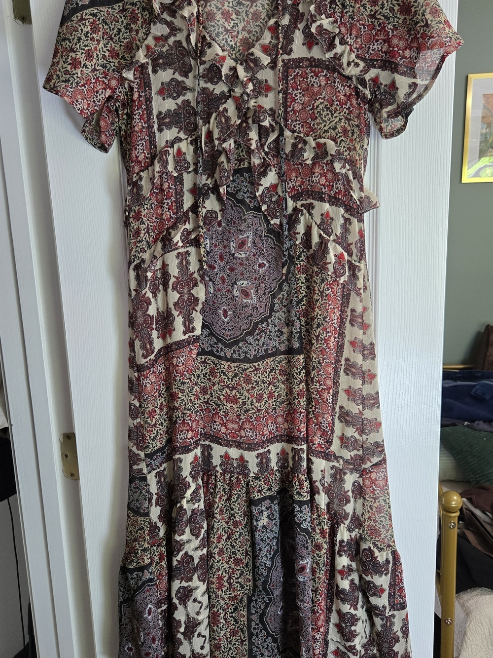 Lovestitch bohemian floral paisley printed maxi dress with ruffle details.